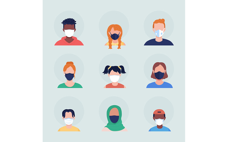 Masques médicaux jetables ensemble d'avatars de caractères vectoriels de couleur semi-plate