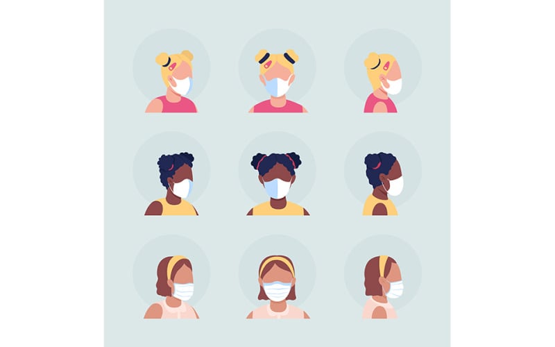 Obličejové masky pro děti poloplochá barevná vektorová sada avatarů