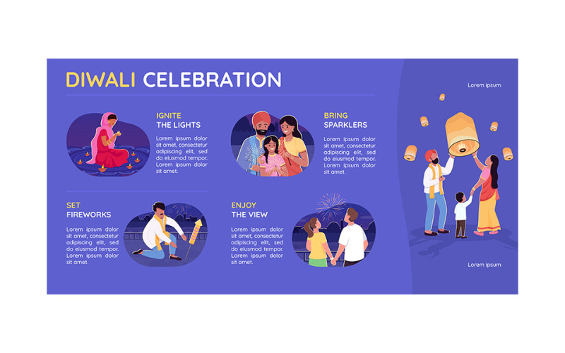 Plantilla infográfica de vector de color plano de celebración de diwali
