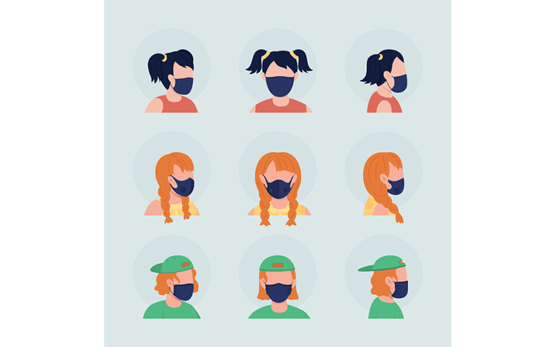 Tizenévesek fekete maszkokkal, félig lapos színű vektoros karakter avatar készlet