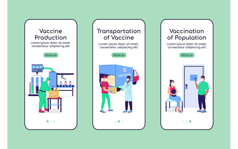 Vaccintillverkning onboarding mobil app skärm platt vektor mall