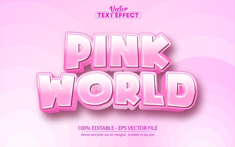 Pink World: efecto de texto editable, estilo de texto de dibujos animados, ilustración gráfica