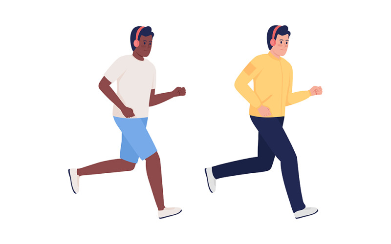 Corredores de maratona masculinos usando fones de ouvido conjunto de caracteres vetoriais de cores semi planas