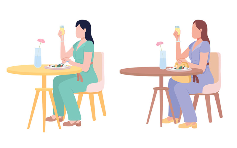 Senhoras bonitas desfrutando de vinho branco e salada conjunto de caracteres vetoriais de cores semi planas