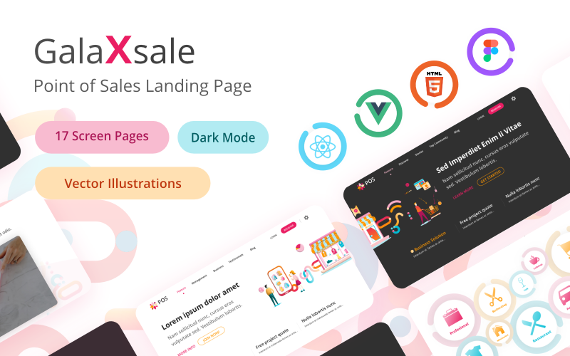 Galaxsale - React Vue HTML e Figma Retail e Point of Sale Landing Page Template