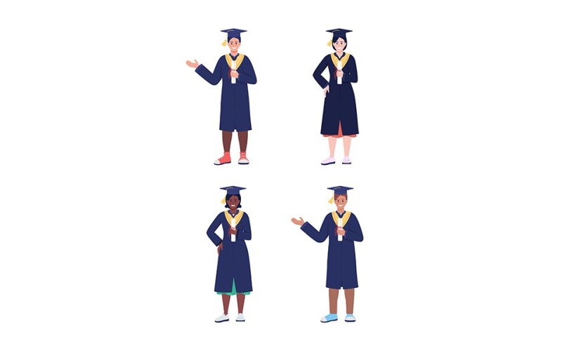 Jeu de caractères vectoriels de couleur semi-plat pour les diplômés universitaires et scolaires