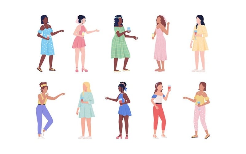 Women with drinks semi flat color vector characters set