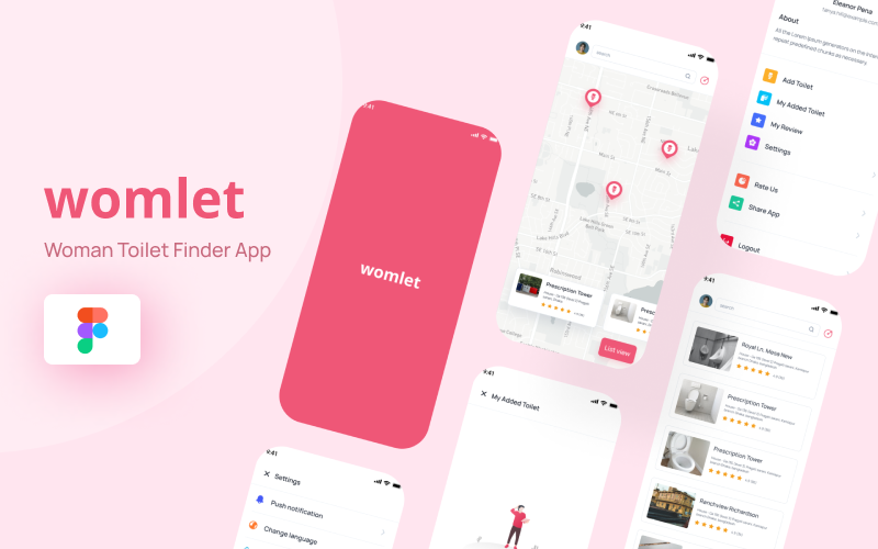 Womlet - Woman Toilet Finder App UI Elements