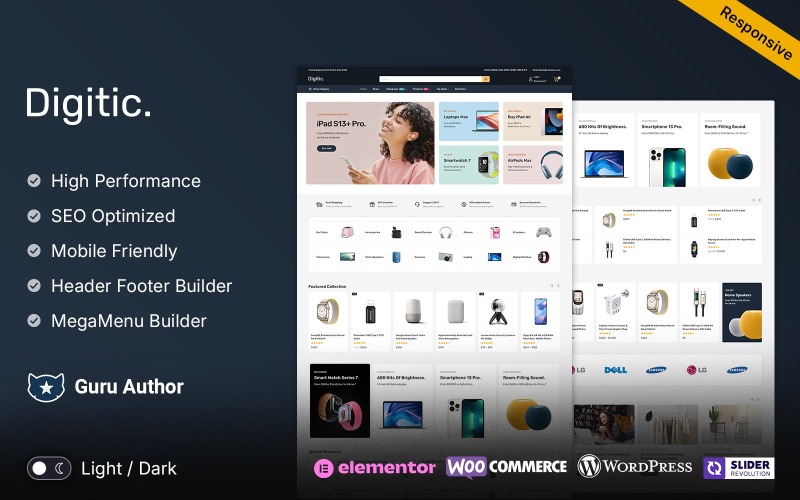 Digitic - Электроника, гаджеты и компьютеры Многоцелевая адаптивная тема Elementor WooCommerce