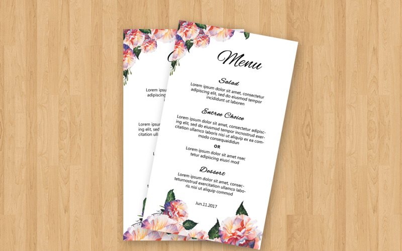 Plantilla de tarjeta de menú de boda, Ms Word y Photoshop