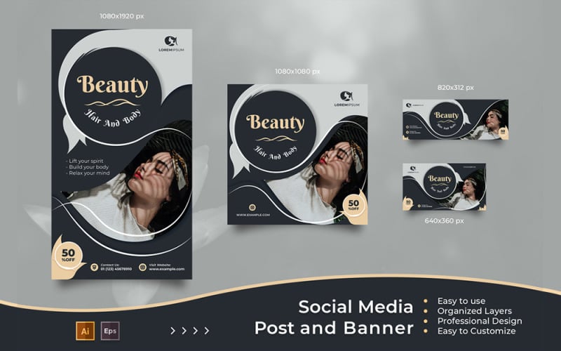 美容护理 - 优雅的社交媒体帖子和横幅模板