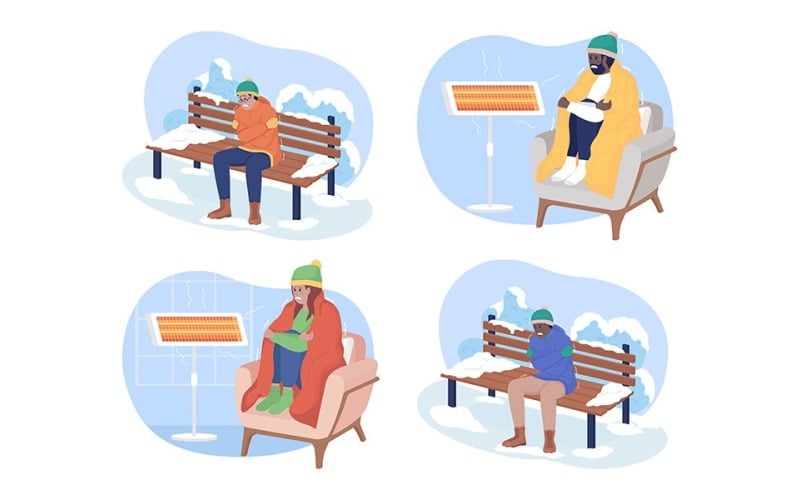 Einfrieren bei kaltem Wetter 2D-Vektor isolierter Illustrationssatz