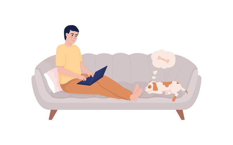 Homem sentado no sofá com personagem de vetor de cor semi plana de laptop