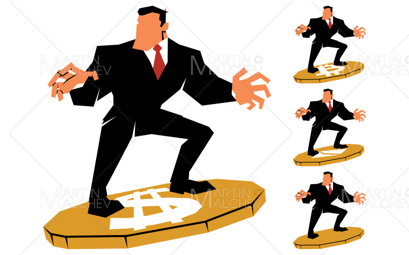Empresário surfando na ilustração vetorial de moeda