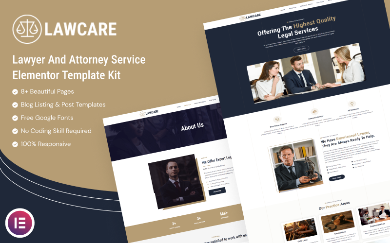 Lawcare - Kit de plantillas Elementor para servicios de abogados y abogados
