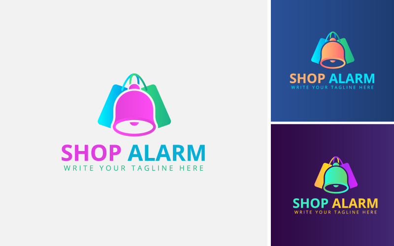 Дизайн логотипу нагадування про покупки. Шопінг логотип із піктограмою дзвоника та сумкою для транспортування, сповіщення про магазин.