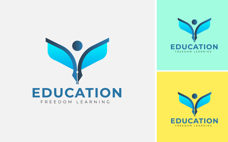 Happy Learning Education Logo Design. Koncept för glad student, böcker mänskliga, penna, frihet.