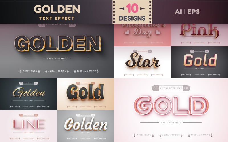 Set 10 Gold Editable Text Effects | Font Styles, Design Illustration