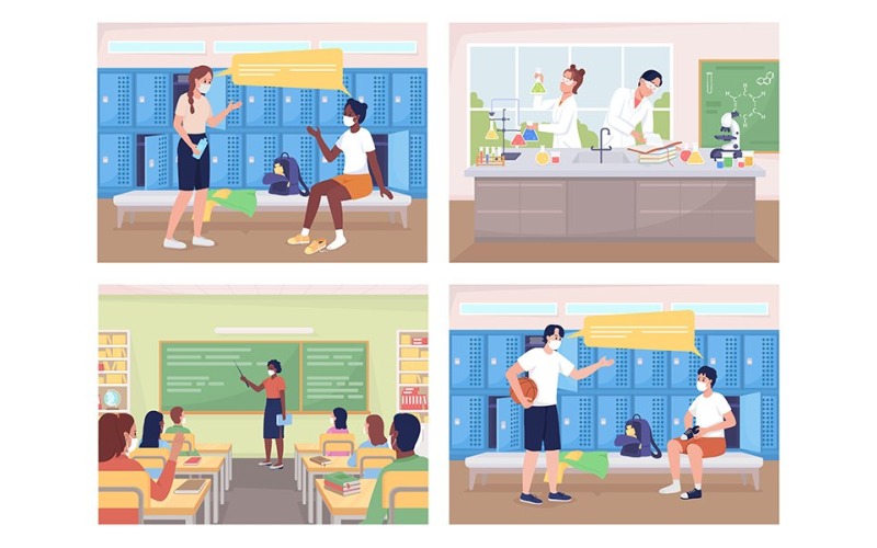 Conjunto de ilustração vetorial de cores planas de aulas do ensino médio
