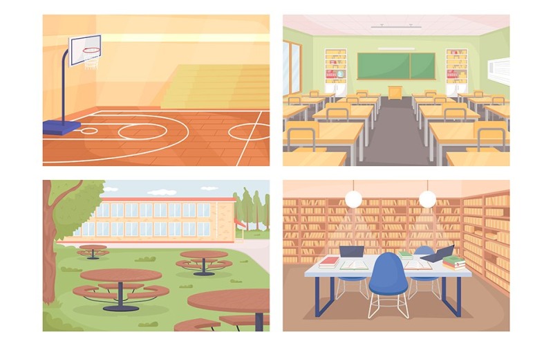High-School-flacher Farbvektor-Illustrationssatz