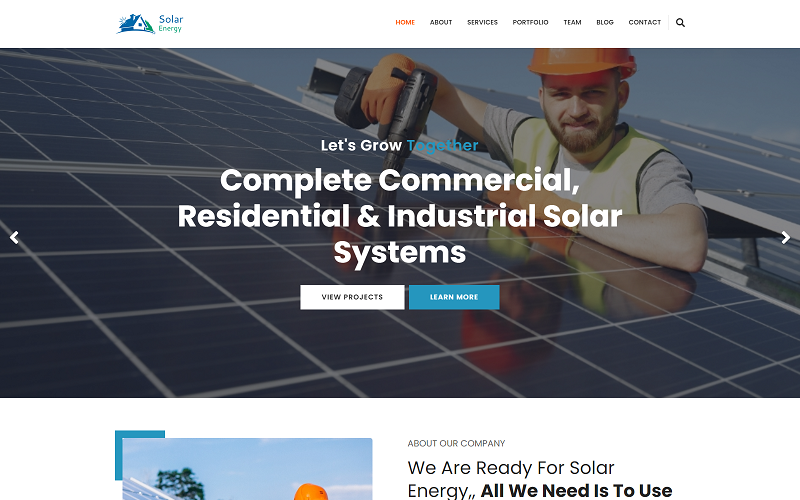 Modello di sito Web HTML per l'energia eolica solare