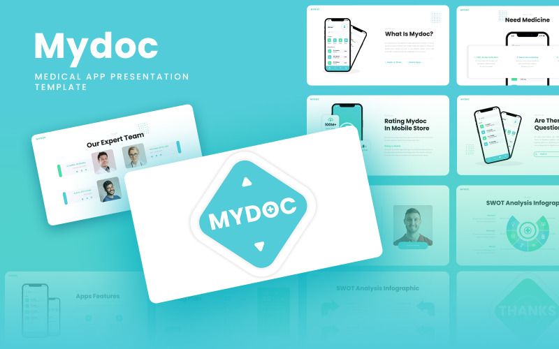 Mydoc - Sjukvårdskonsult Mobile App & SAAS Google Slides Mall