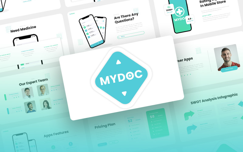 Mydoc - 医疗保健顾问移动应用和 SAAS PowerPoint 模板