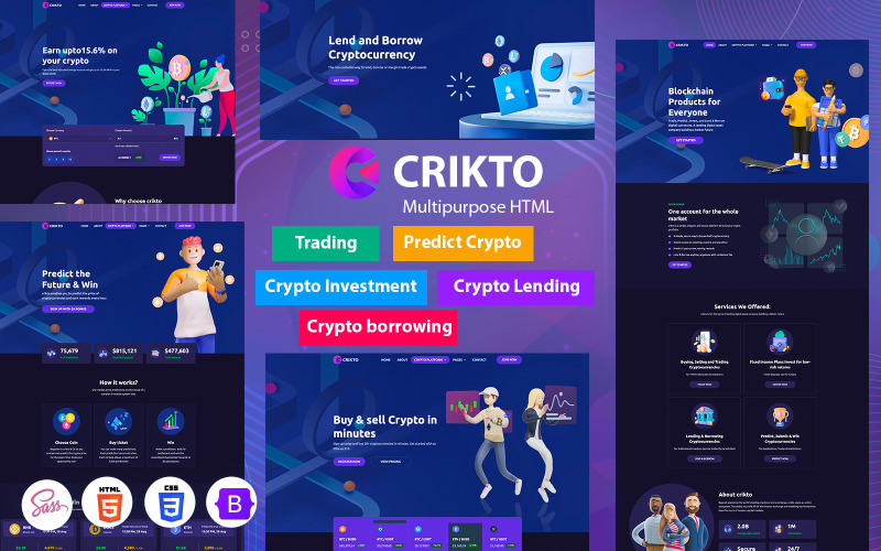 Crikto – kriptográfiai előrejelzés, kereskedelem, befektetés és kriptokölcsönzés, HTML5-sablon kölcsönzése