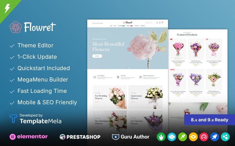Flowret - Hediyeler, Çiçekler ve Kutlamalar PrestaShop Temaları