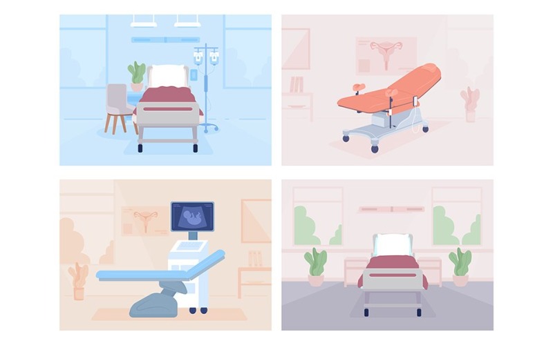 Conjunto de ilustraciones de vectores de color plano de gabinetes y salas de examen de hospital
