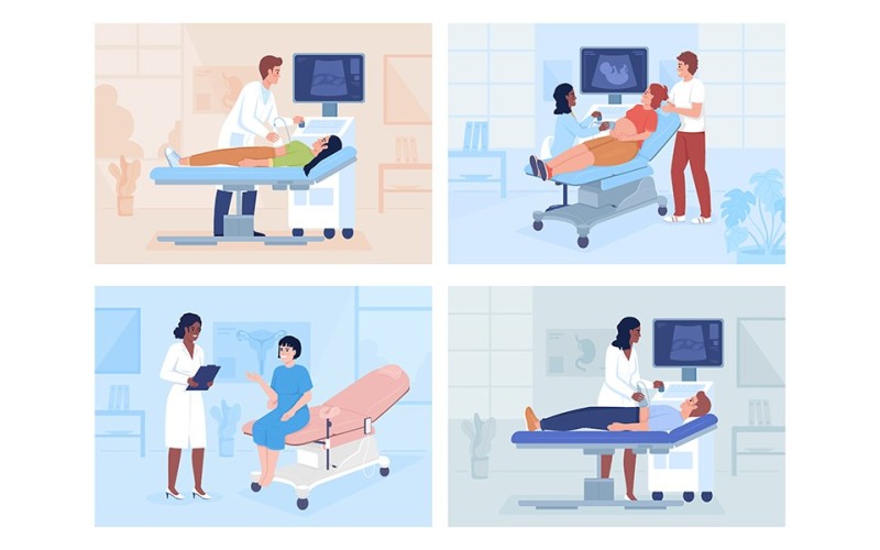 Conjunto de ilustrações vetoriais de cores planas de exame médico e consulta