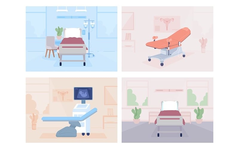 Conjunto de ilustrações vetoriais de cores planas para examinar armários e enfermarias hospitalares