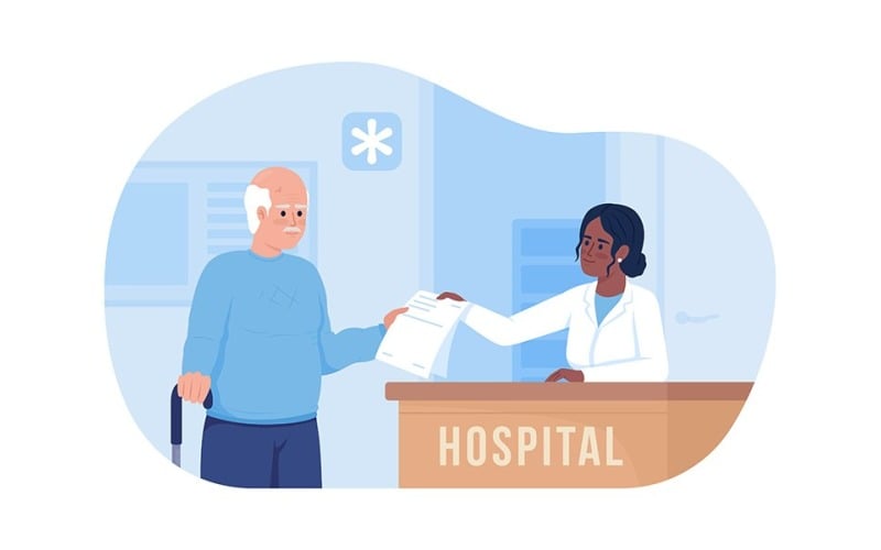 Senior man visiting hospital 2D vector isolated illustration