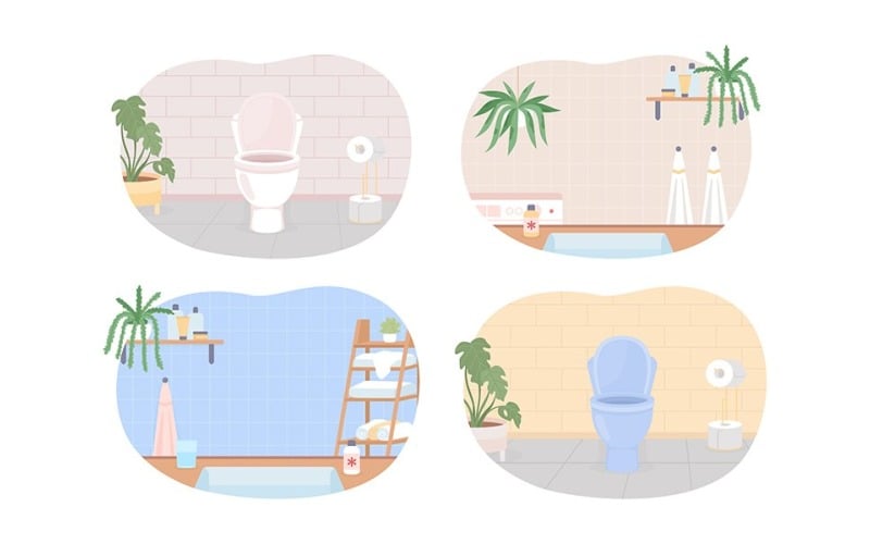 浴室和抽水马桶平面彩色矢量插图集