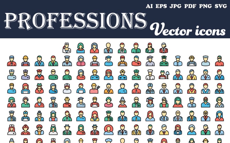 Farklı stilde Çizgi, Kalın çizgi ve Dolu simgeler içeren Profesyonel Simge Paketi | AI | EPS | SVG