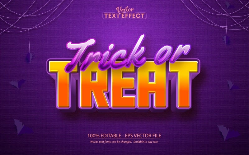 Truco o trato: efecto de texto editable, estilo de texto de Halloween y dibujos animados, ilustración gráfica