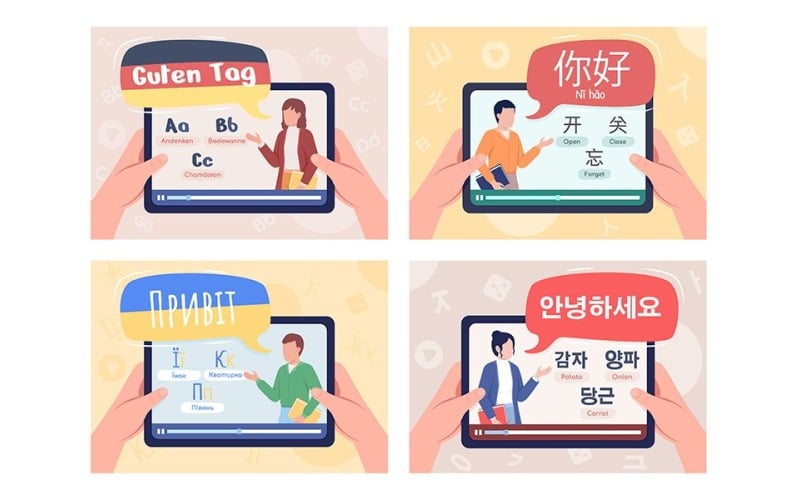 Ensemble d'illustrations vectorielles de couleur plate en ligne d'apprentissage des langues