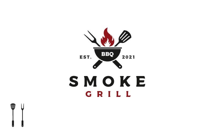Vintage Grill Barbeque BBQ con tenedor cruzado y espátula con plantilla de logotipo de llama de fuego