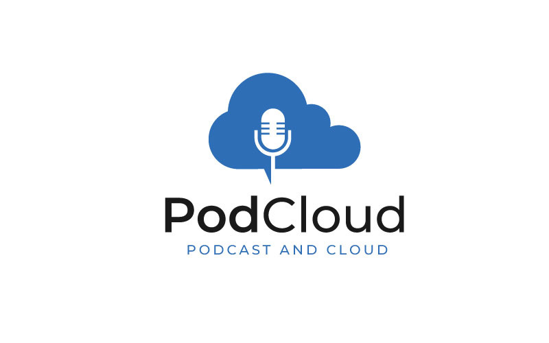 Cloudové logo podcastu, cloud computing s šablonou loga podcastu mikrofonu