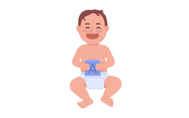 Bebé riendo con carácter vectorial de color semiplano de cubo de letras