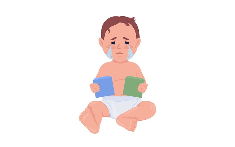 Chorando bebê com blocos de brinquedo personagem de vetor de cor semi plana