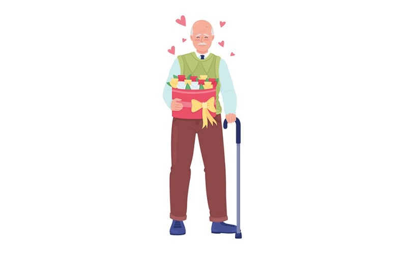 Glad senior man med blommor och käpp semi platt färg vektor karaktär