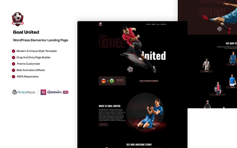 Goal United – Modello di landing page per Elementor dedicato allo sport calcistico su WordPress