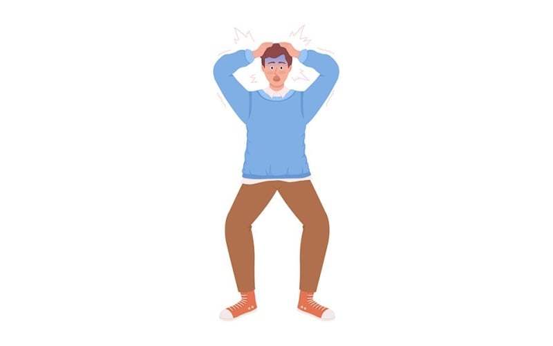 Homme stressé serrant le caractère vectoriel de couleur semi-plat de la tête