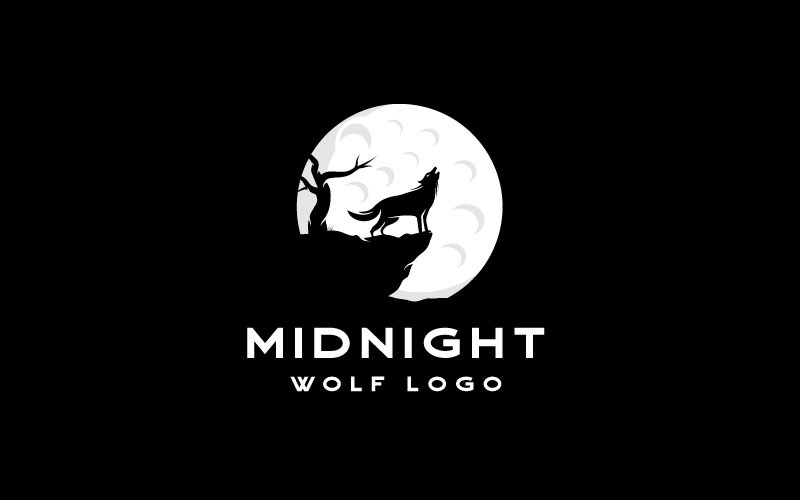 Plantilla de diseño de logotipo de silueta de lobo aullando con luna