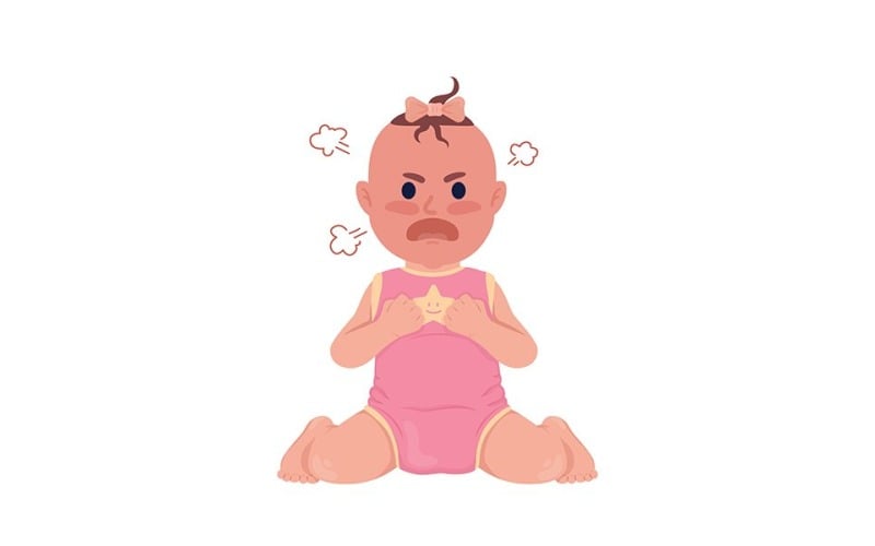 Beleidigtes Babymädchen, das halbflache Farbvektorfigur schreit