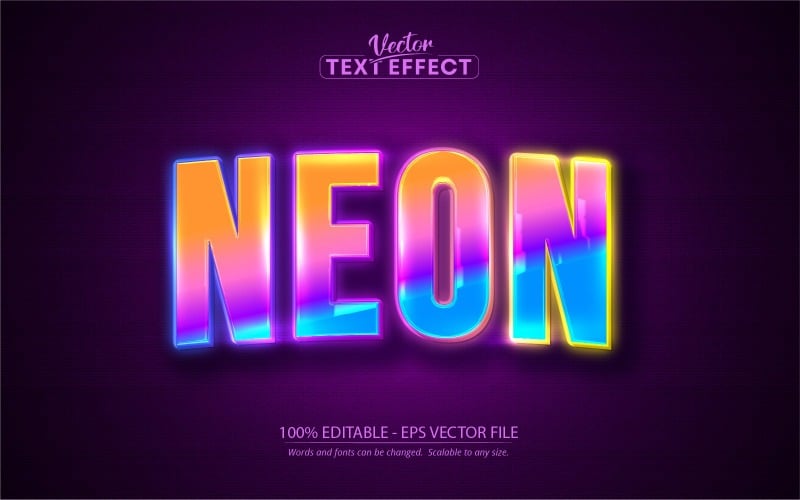 Neon - redigerbar texteffekt, färgglad glänsande neonljustextstil, grafikillustration