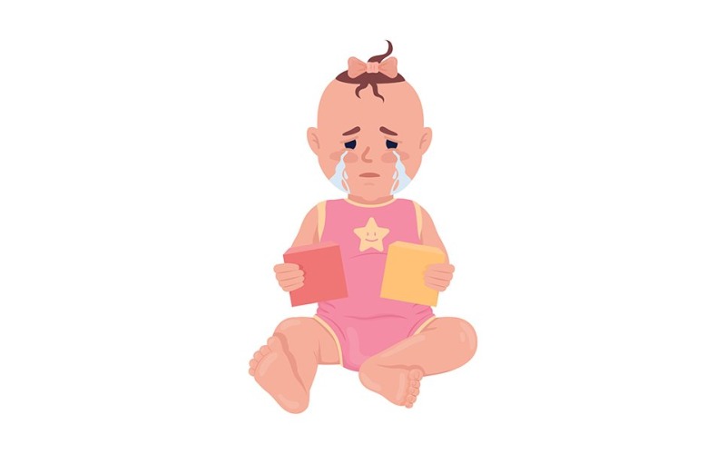 Niña llorando con bloques de construcción de carácter vectorial de color semiplano