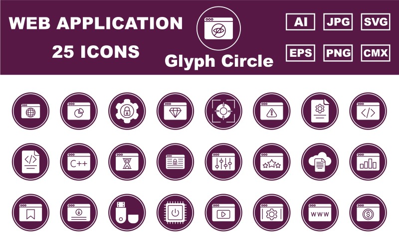Paquete de 25 iconos de círculo de glifos de aplicaciones y web premium