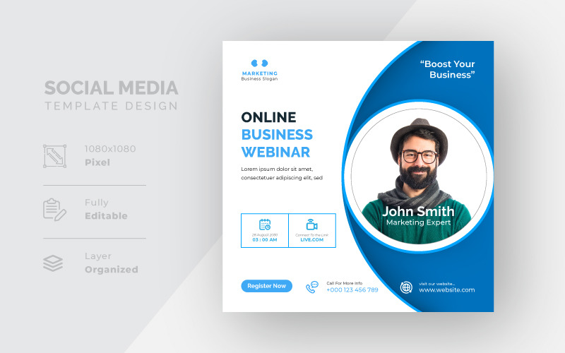 Modello di post sui social media aziendali per webinar dal vivo di marketing digitale